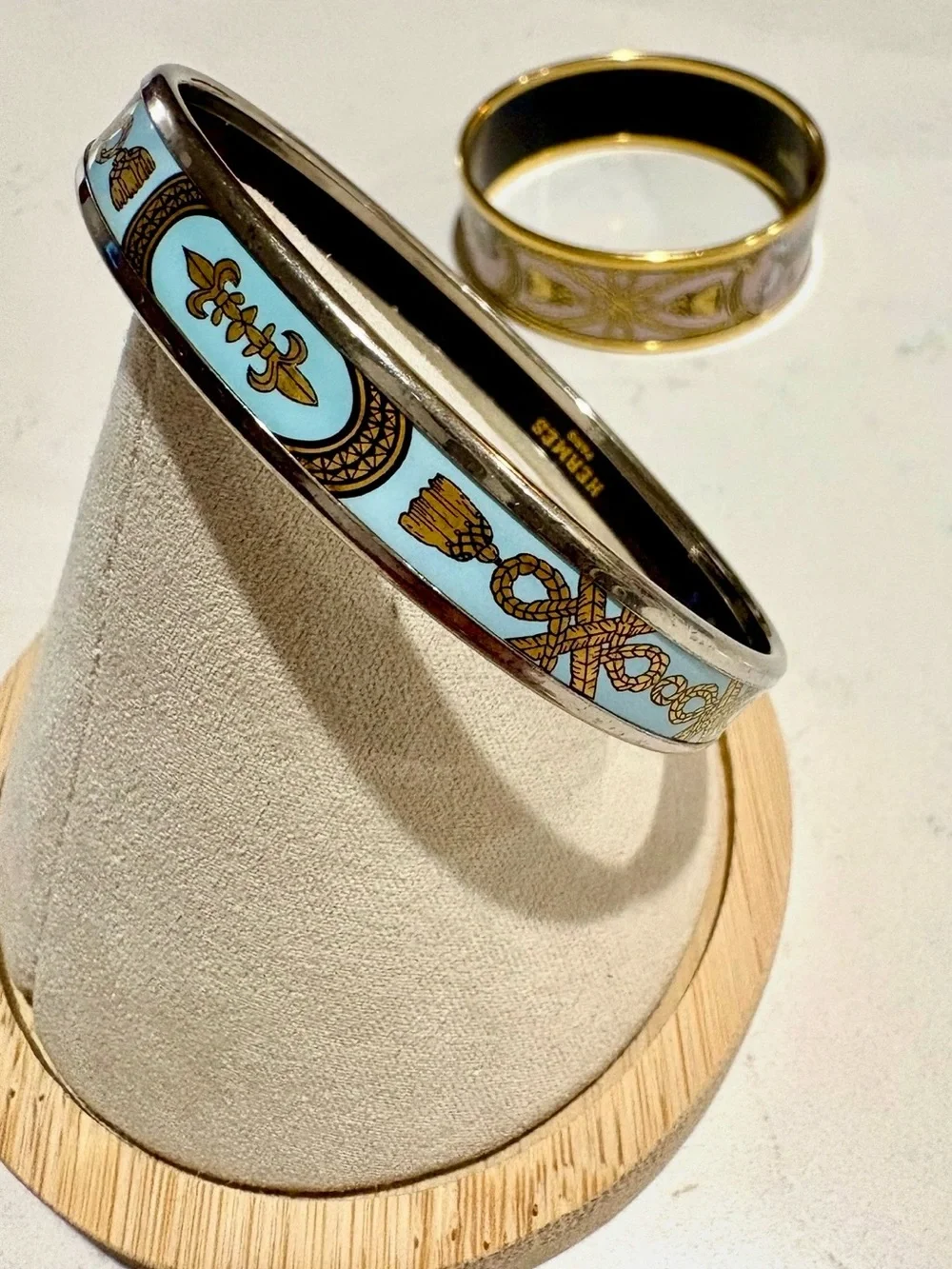 Authentic Hermes Grand Apparat Enamel Bangle Bracelet Set Wide Pink Narrow Blue